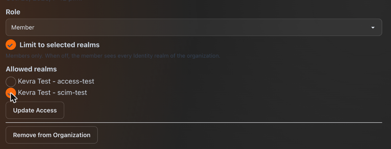 Member page with Limit to selected realms turned on and one realm ticked